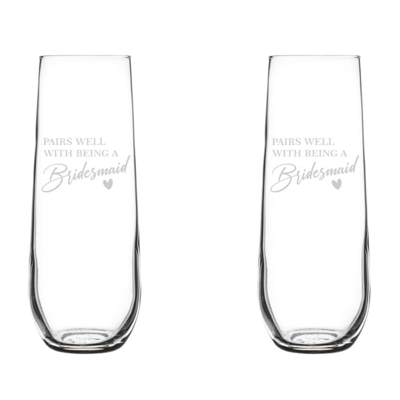 Set of 2 Glass Champagne Flutes Sparkling Wine Glasses Gift Pairs Well With Being A Bridesmaid Proposal Will You Be My Bridesmaid (8.5 oz Stemless)