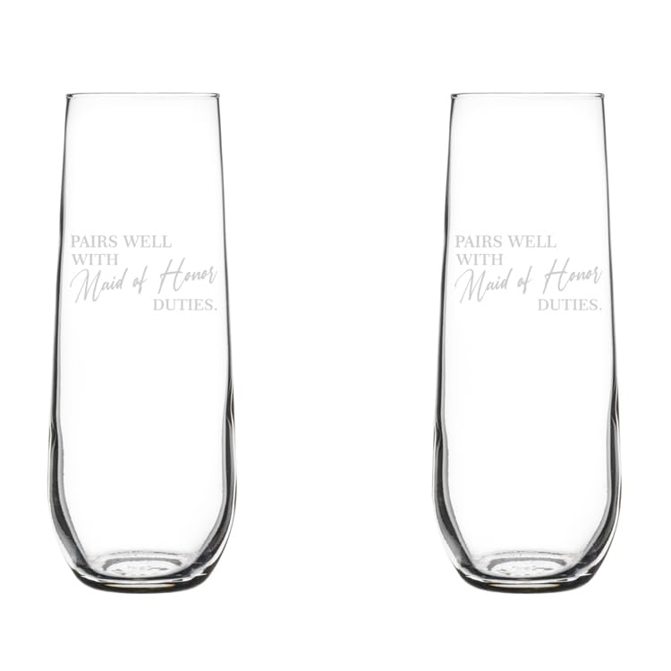 Set of 2 Glass Champagne Flutes Sparkling Wine Glasses Gift Pairs Well With Maid Of Honor Duties Maid Of Honor Proposal (8.5 oz Stemless)