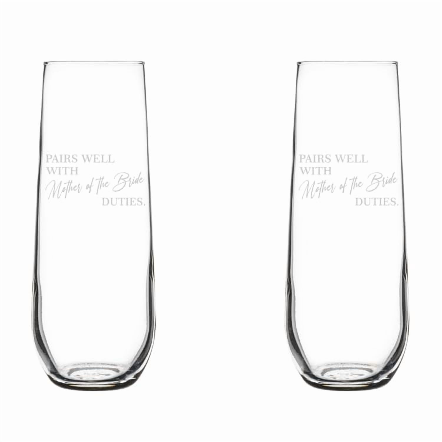 Set of 2 Glass Champagne Flutes Sparkling Wine Glasses Gift Pairs Well With Mother Of The Bride Duties Mother Of The Bride (8.5 oz Stemless)