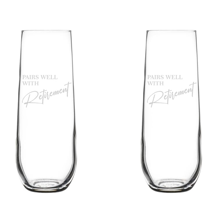 Set of 2 Glass Champagne Flutes Sparkling Wine Glasses Gift Pairs Well With Retirement (8.5 oz Stemless)