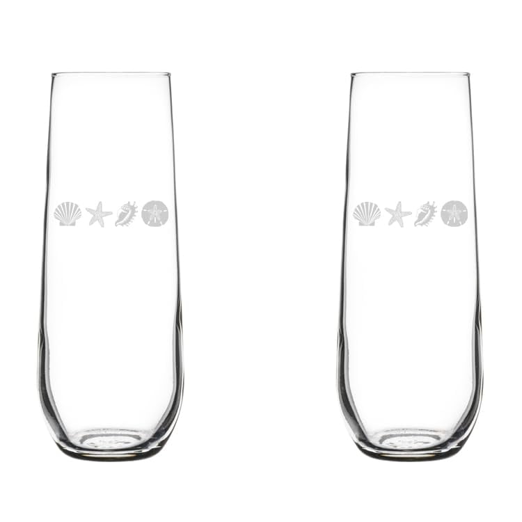 Set of 2 Glass Champagne Flutes Sparkling Wine Glasses Gift Sea Shore Beach Shells (8.5 oz Stemless)
