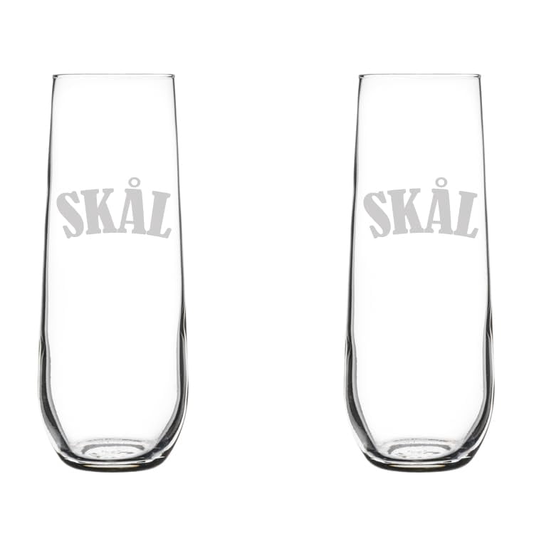 Set of 2 Glass Champagne Flutes Sparkling Wine Glasses Gift Skal Norwegian Cheers (8.5 oz Stemless)