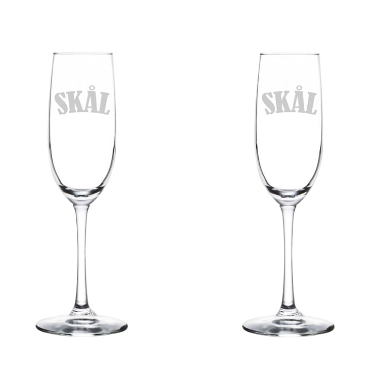 Set of 2 Glass Champagne Flutes Sparkling Wine Glasses Gift Skal Norwegian Cheers (8 oz Stemmed)