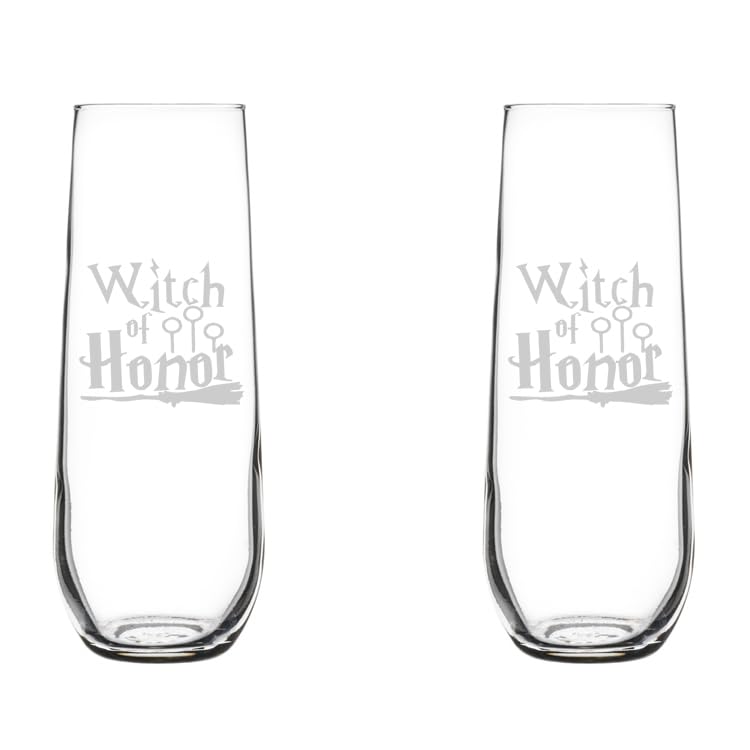 Set of 2 Glass Champagne Flutes Sparkling Wine Glasses Gift Witch Of Honor Maid Of Honor Matron Of Honor (8.5 oz Stemless)
