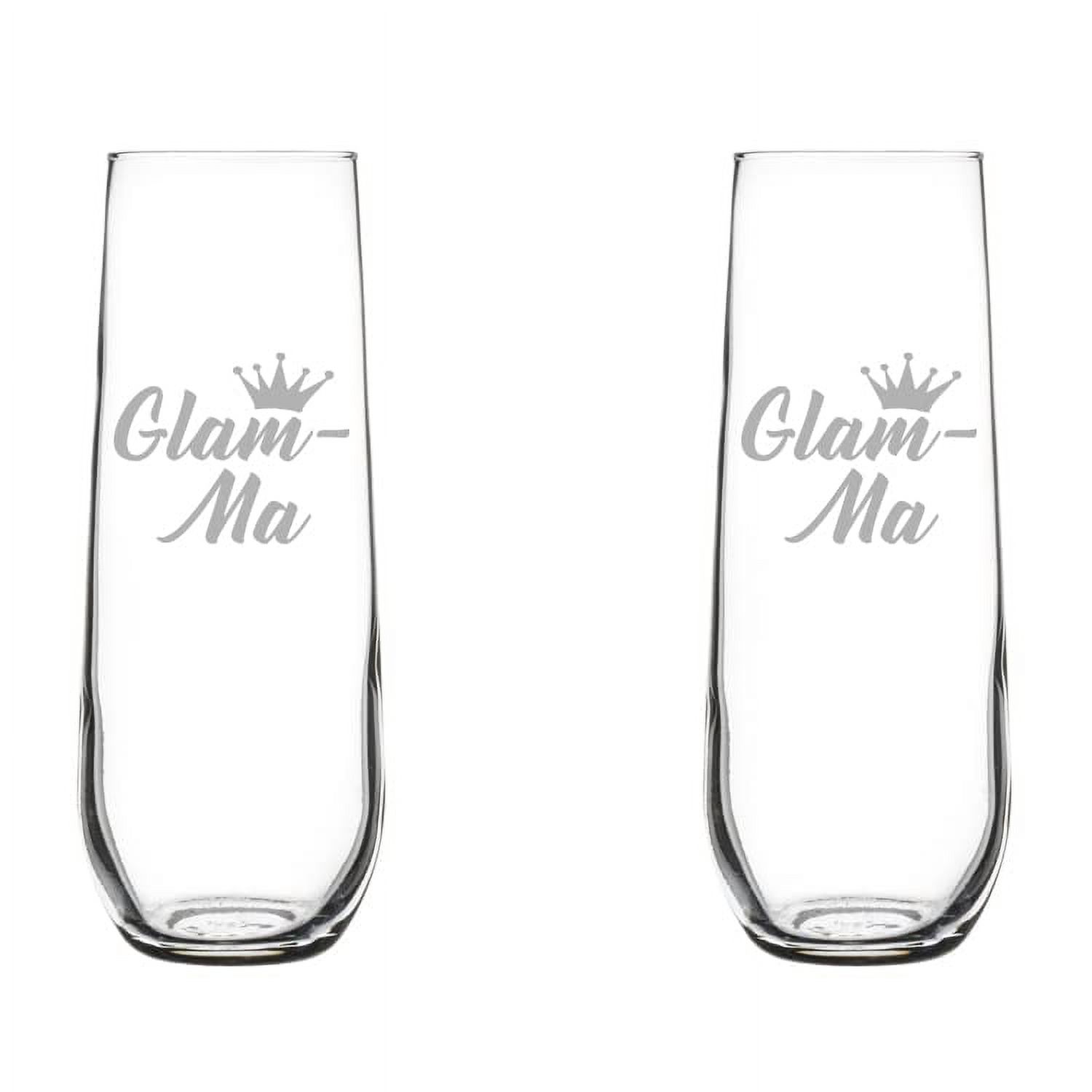 Set of 2 Glass Champagne Flutes Sparkling Wine Glasses Glam-Ma Mom Mother Grandmother Grandma (8.5 oz Stemless)