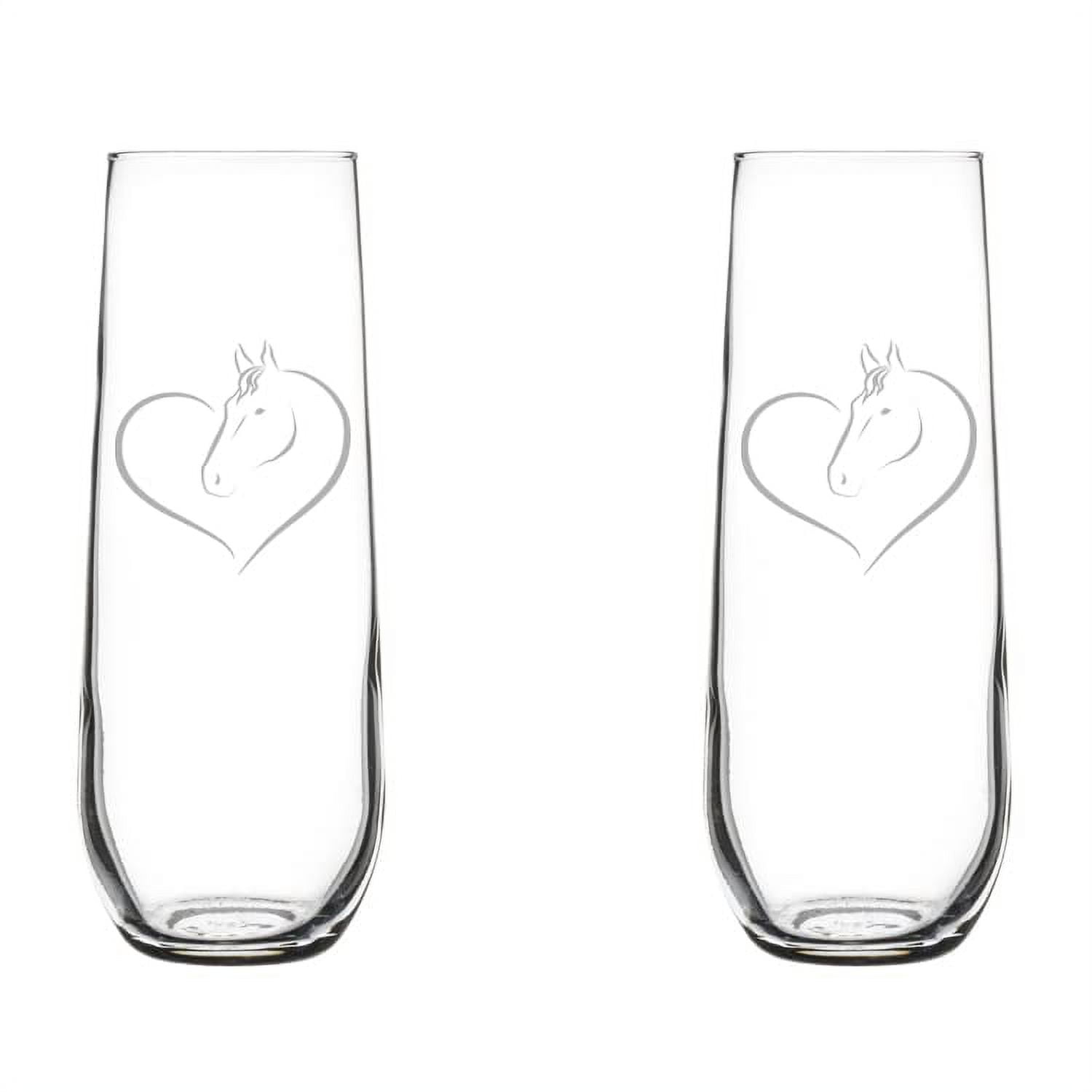 Set of 2 Glass Champagne Flutes Sparkling Wine Glasses Heart Horse (8.5 oz Stemless)