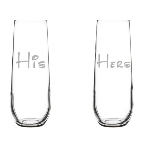 Set of 2 Glass Champagne Flutes Sparkling Wine Glasses His Hers New Couple Wedding Anniversary Engagement (8.5 oz Stemless)
