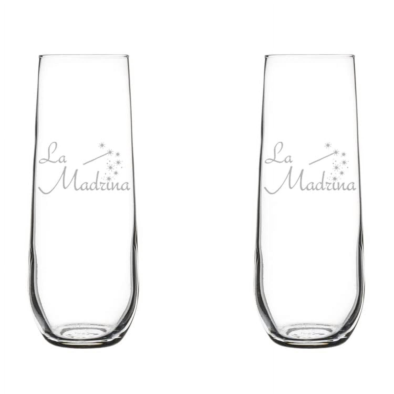 Set of 2 Glass Champagne Flutes Sparkling Wine Glasses La Madrina Christening Baptism Godmother (8.5 oz Stemless)