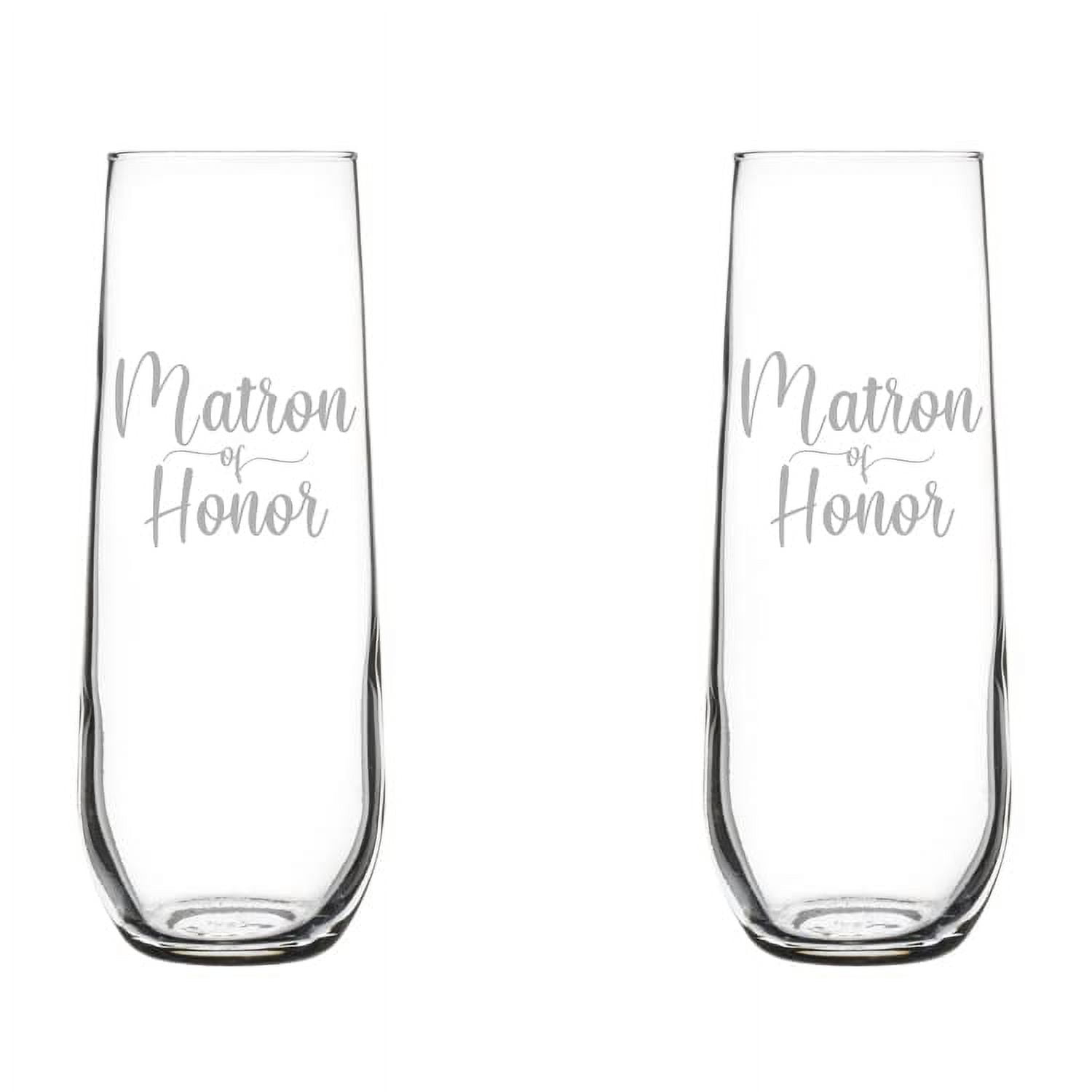 Set of 2 Glass Champagne Flutes Sparkling Wine Glasses Matron Of Honor (8.5 oz Stemless)