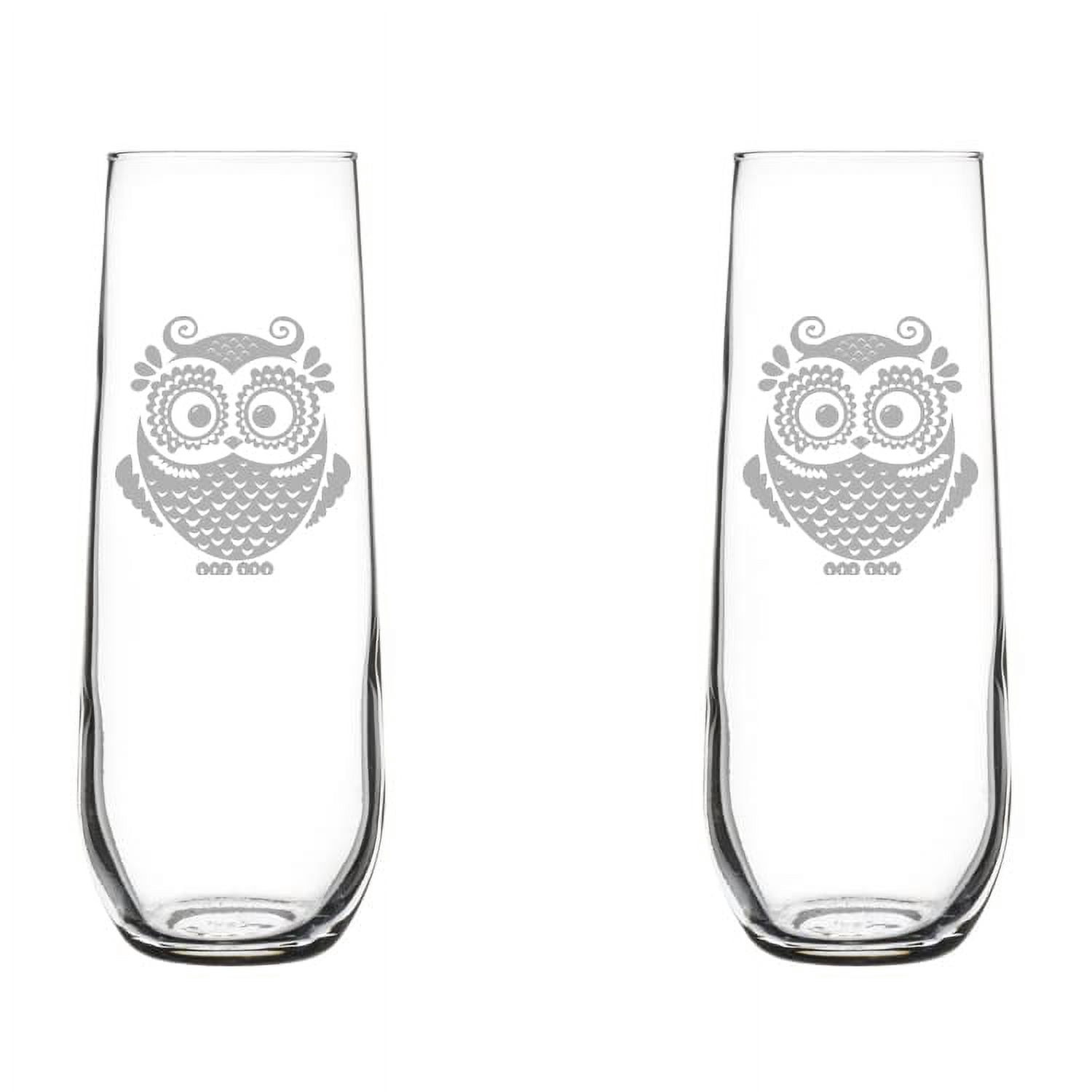 Set of 2 Glass Champagne Flutes Sparkling Wine Glasses Owl Vintage (8.5 oz Stemless)