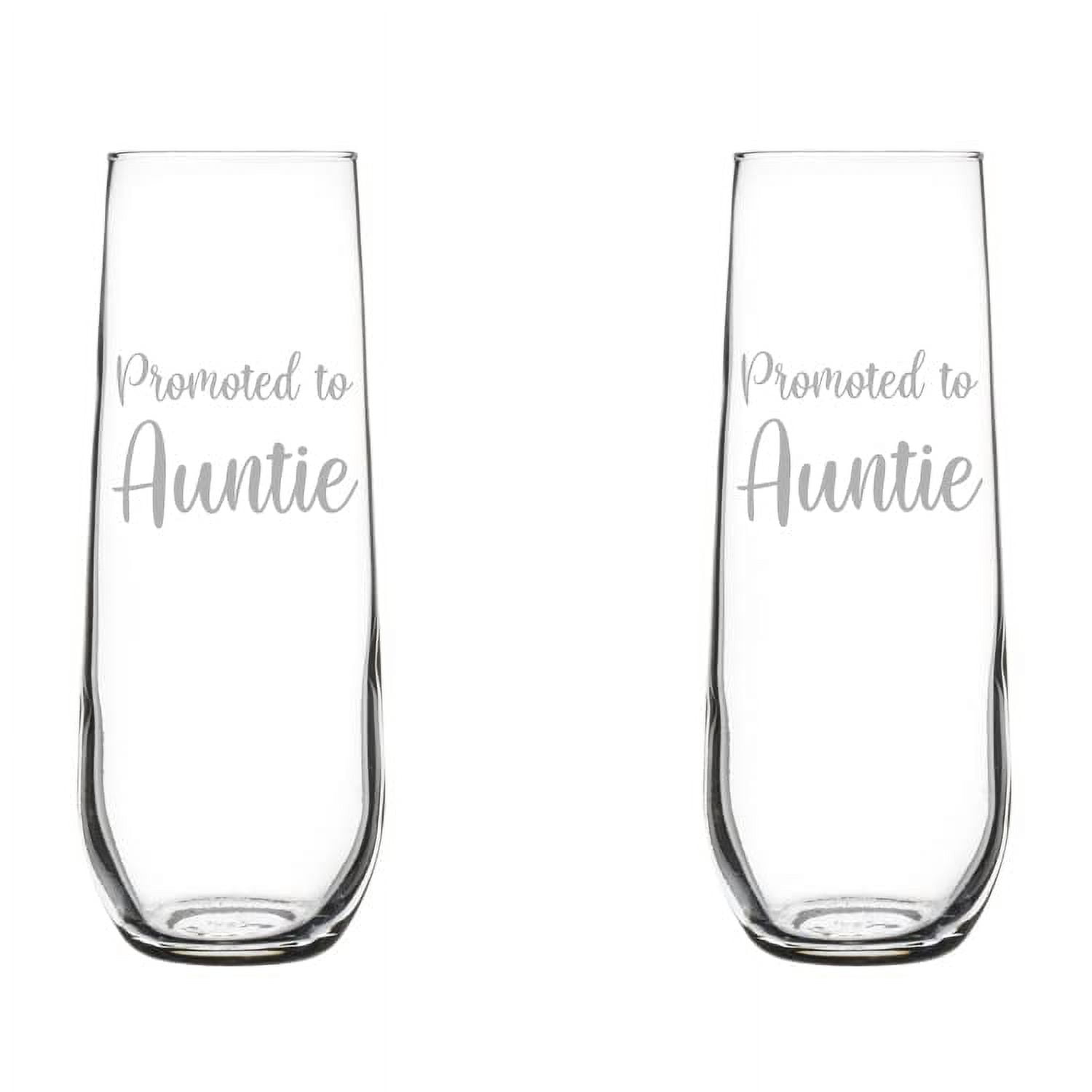 Set of 2 Glass Champagne Flutes Sparkling Wine Glasses Promoted To Auntie New Aunt Pregnancy Announcement (8.5 oz Stemless)