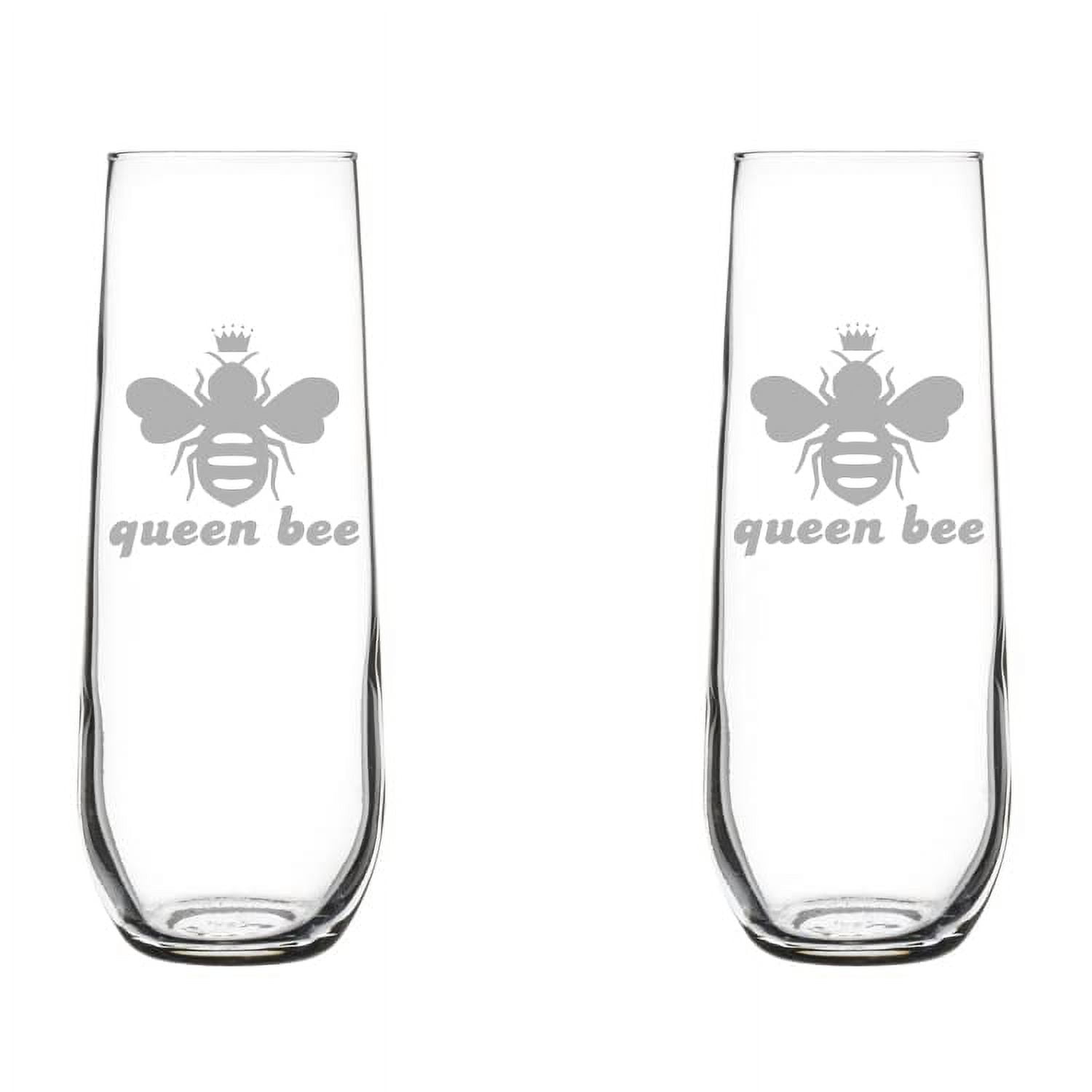 Set of 2 Glass Champagne Flutes Sparkling Wine Glasses Queen Bee (8.5 oz Stemless)