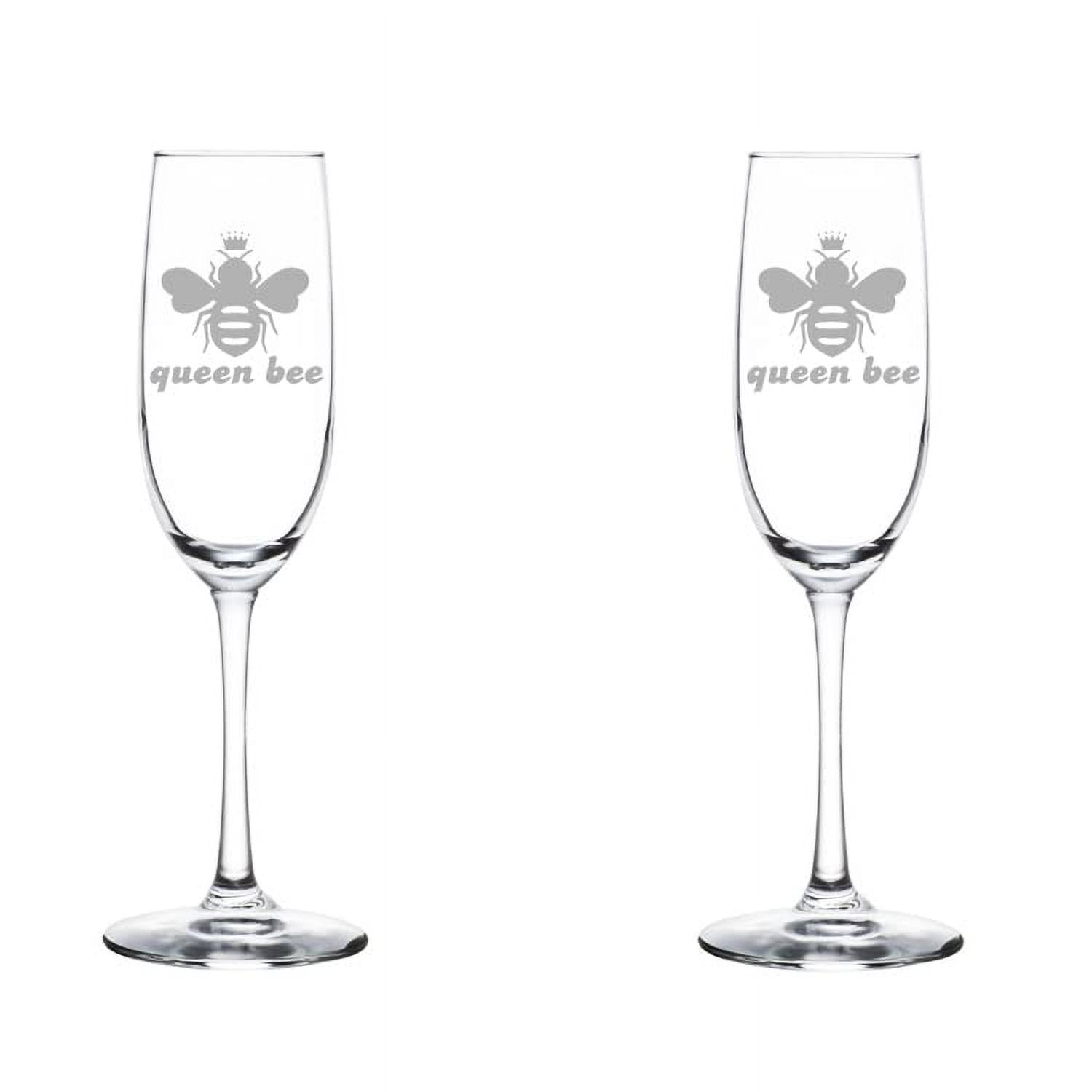 Set of 2 Glass Champagne Flutes Sparkling Wine Glasses Queen Bee (8 oz Stemmed)
