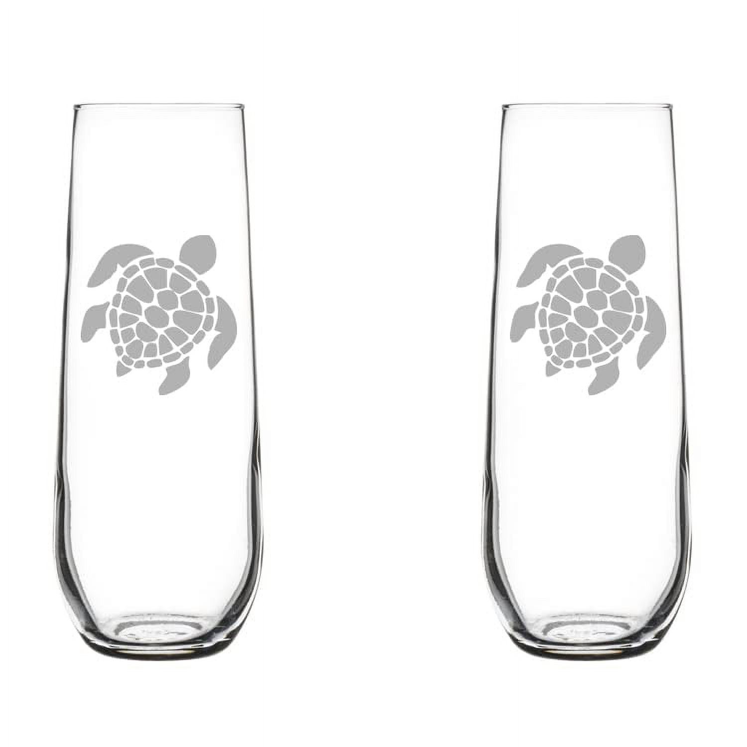 Set of 2 Glass Champagne Flutes Sparkling Wine Glasses Sea Turtle (8.5 oz Stemless)