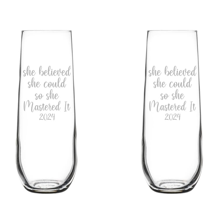 Set of 2 Glass Champagne Flutes Sparkling Wine Glasses She Believed She Could So She Mastered It 2024 (8.5 oz Stemless)