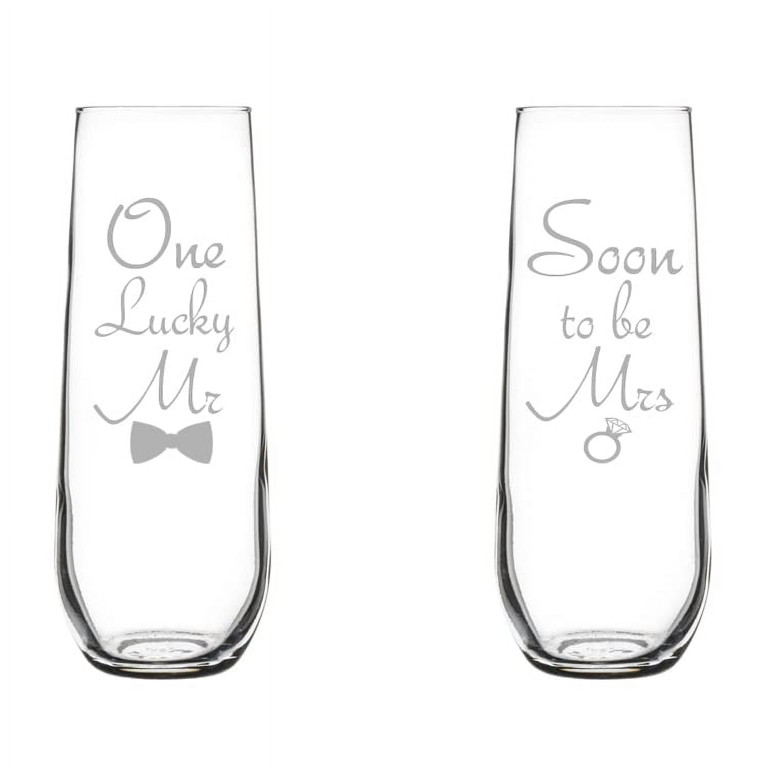 Set of 2 Glass Champagne Flutes Sparkling Wine Glasses Soon To Be lucky Mr Mrs Bride And Groom Wedding Toasting Engagement (8.5 oz Stemless)