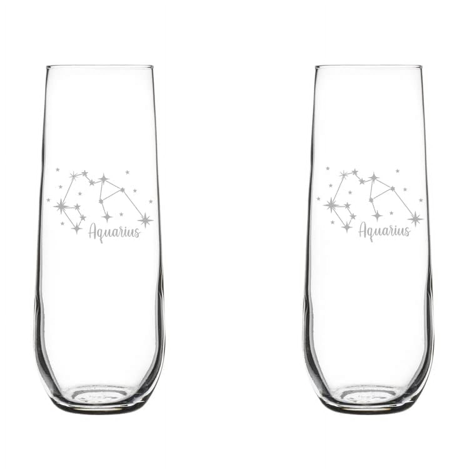 Set of 2 Glass Champagne Flutes Sparkling Wine Glasses Star Zodiac Horoscope Constellation 8.5 oz Stemless (Aquarius)