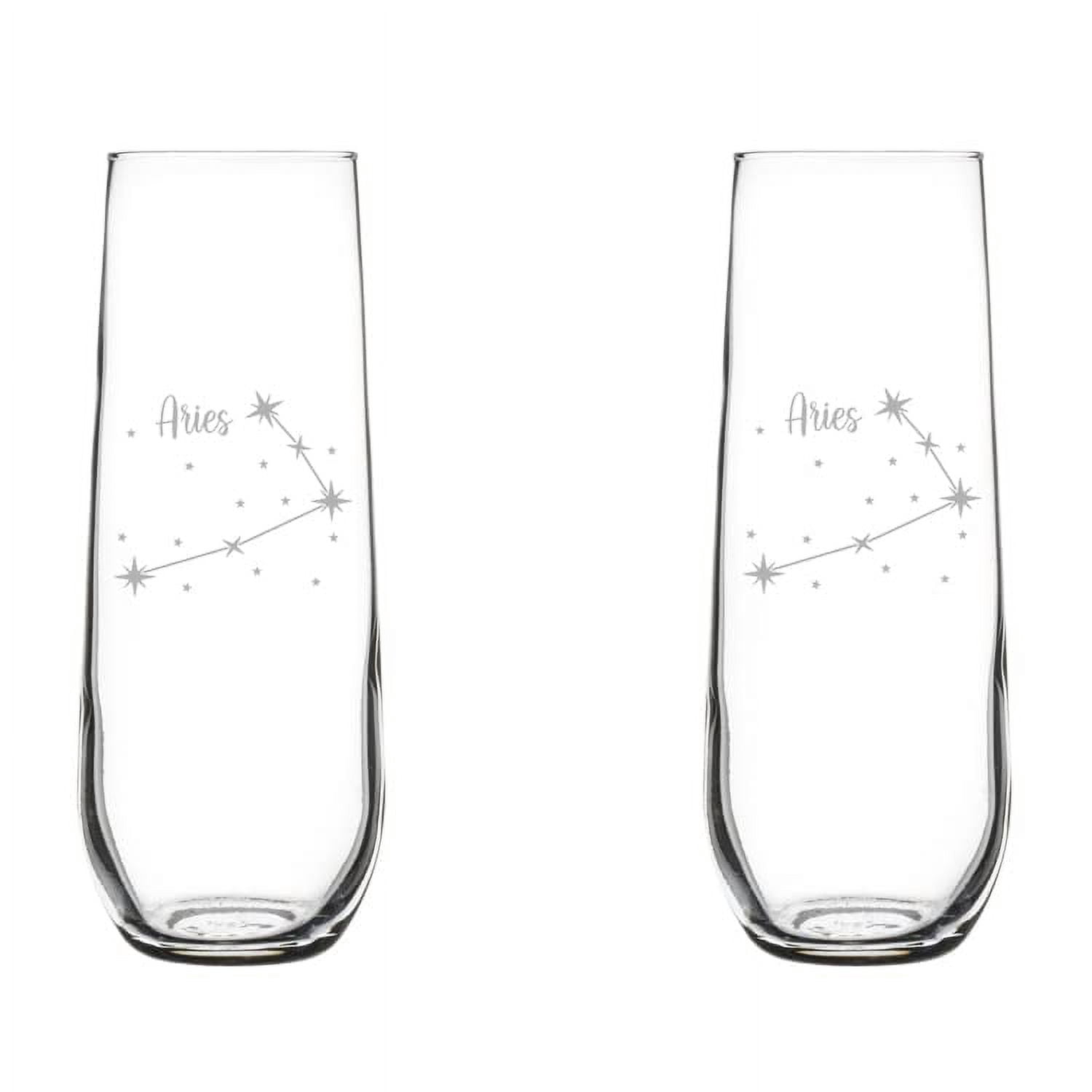 Set of 2 Glass Champagne Flutes Sparkling Wine Glasses Star Zodiac Horoscope Constellation 8.5 oz Stemless (Aries)
