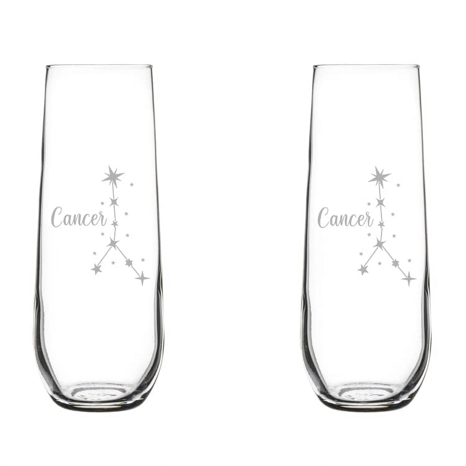 Set of 2 Glass Champagne Flutes Sparkling Wine Glasses Star Zodiac Horoscope Constellation 8.5 oz Stemless (Cancer)