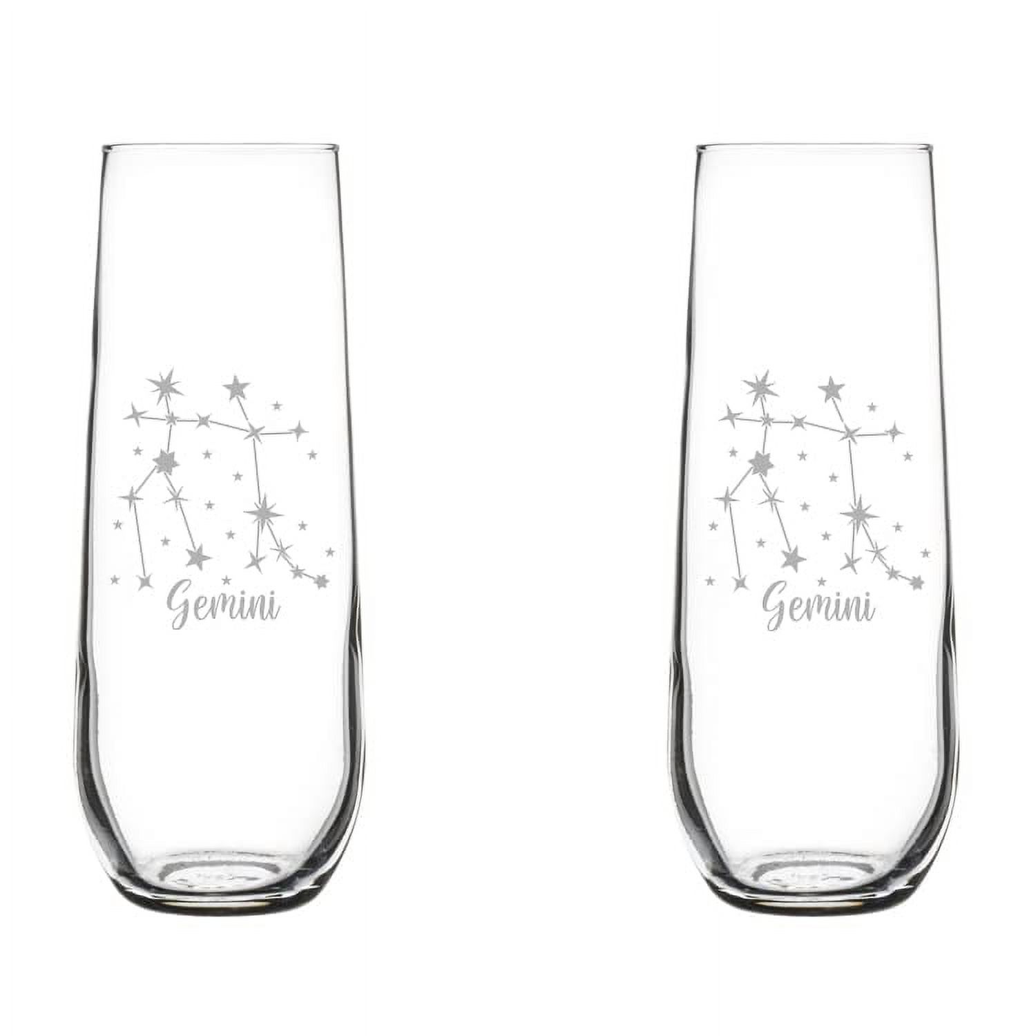 Set of 2 Glass Champagne Flutes Sparkling Wine Glasses Star Zodiac Horoscope Constellation 8.5 oz Stemless (Gemini)