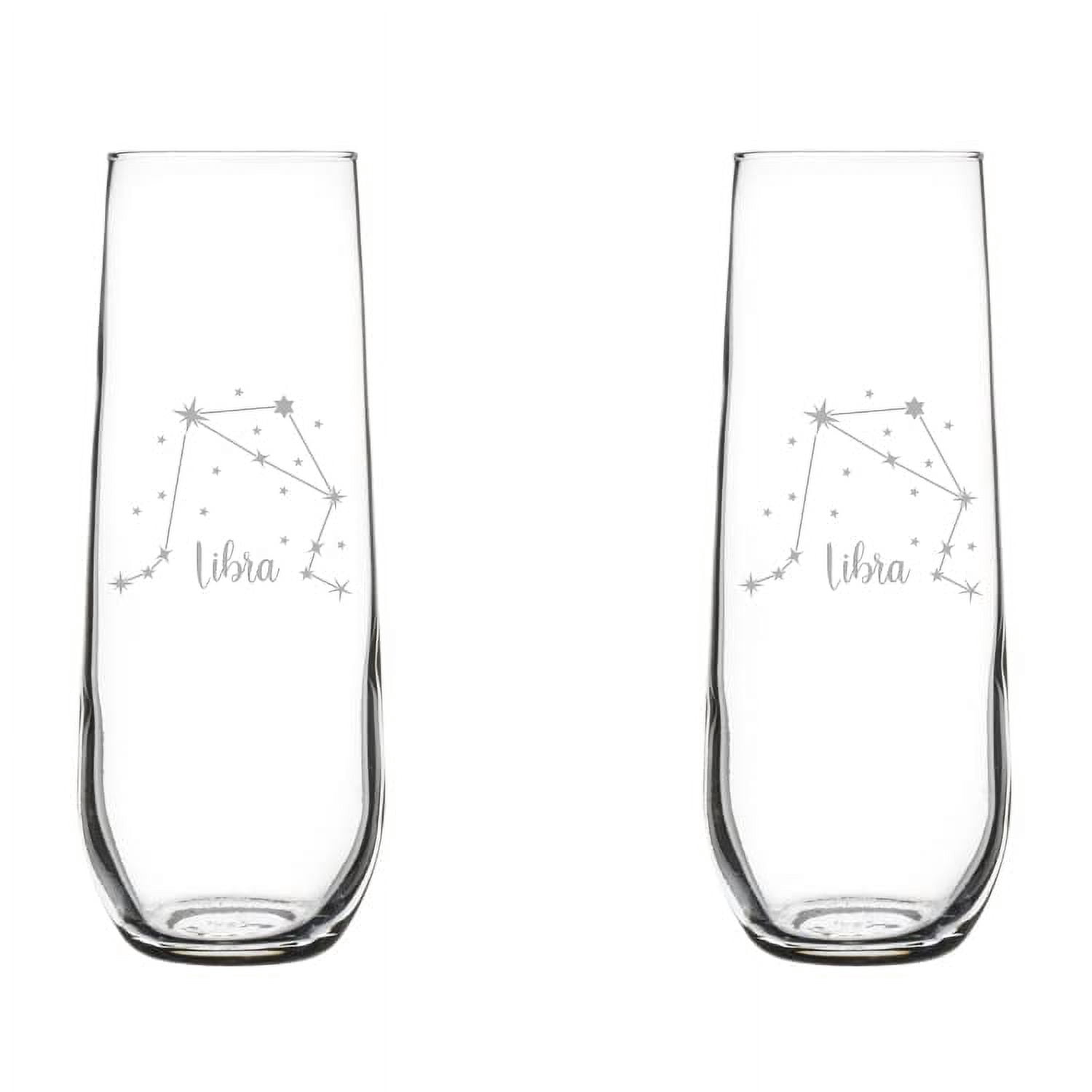 Set of 2 Glass Champagne Flutes Sparkling Wine Glasses Star Zodiac Horoscope Constellation 8.5 oz Stemless (Libra)