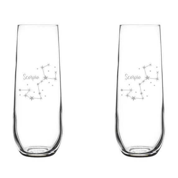 Set of 2 Glass Champagne Flutes Sparkling Wine Glasses Star Zodiac Horoscope Constellation 8.5 oz Stemless (Scorpio)