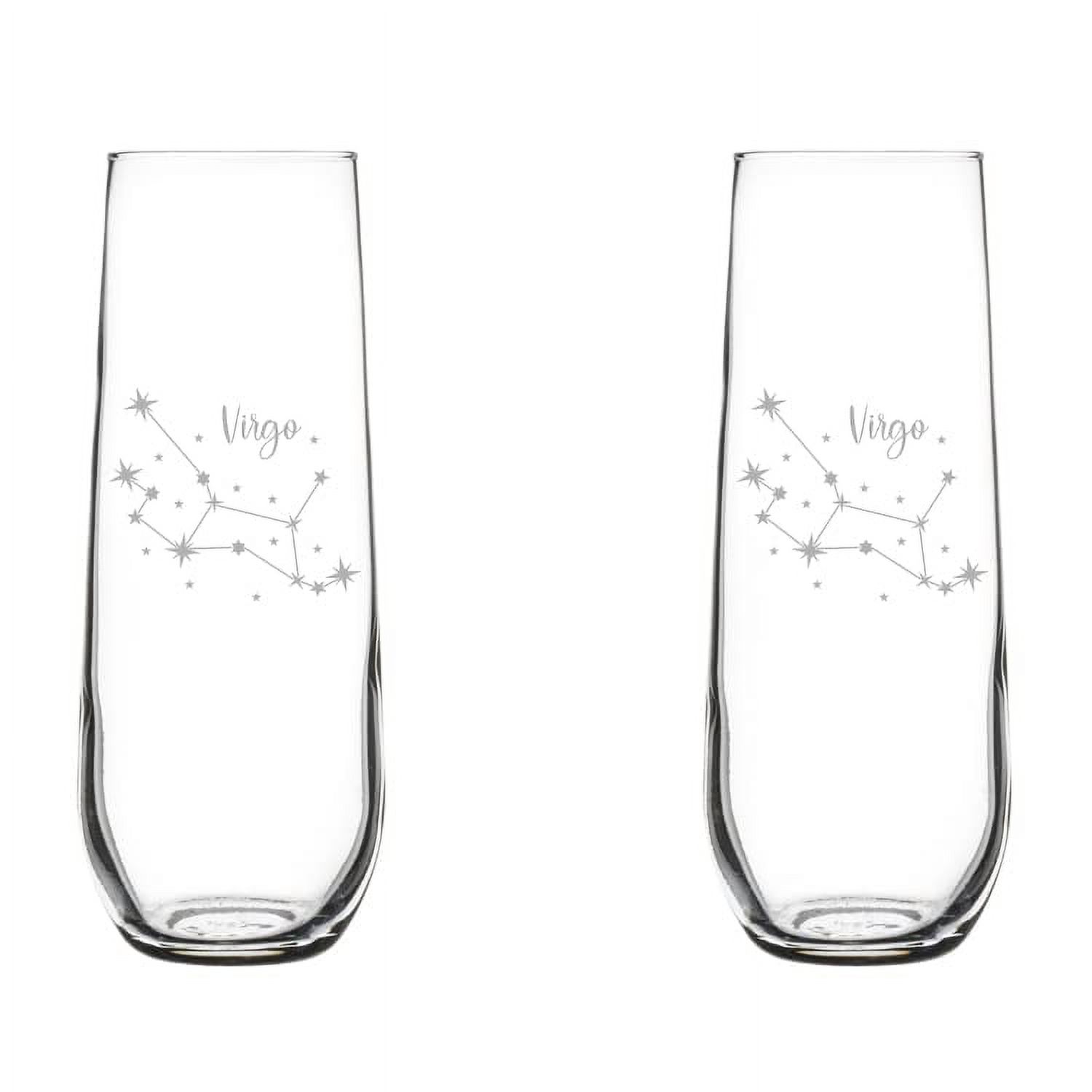 Set of 2 Glass Champagne Flutes Sparkling Wine Glasses Star Zodiac Horoscope Constellation 8.5 oz Stemless (Virgo)