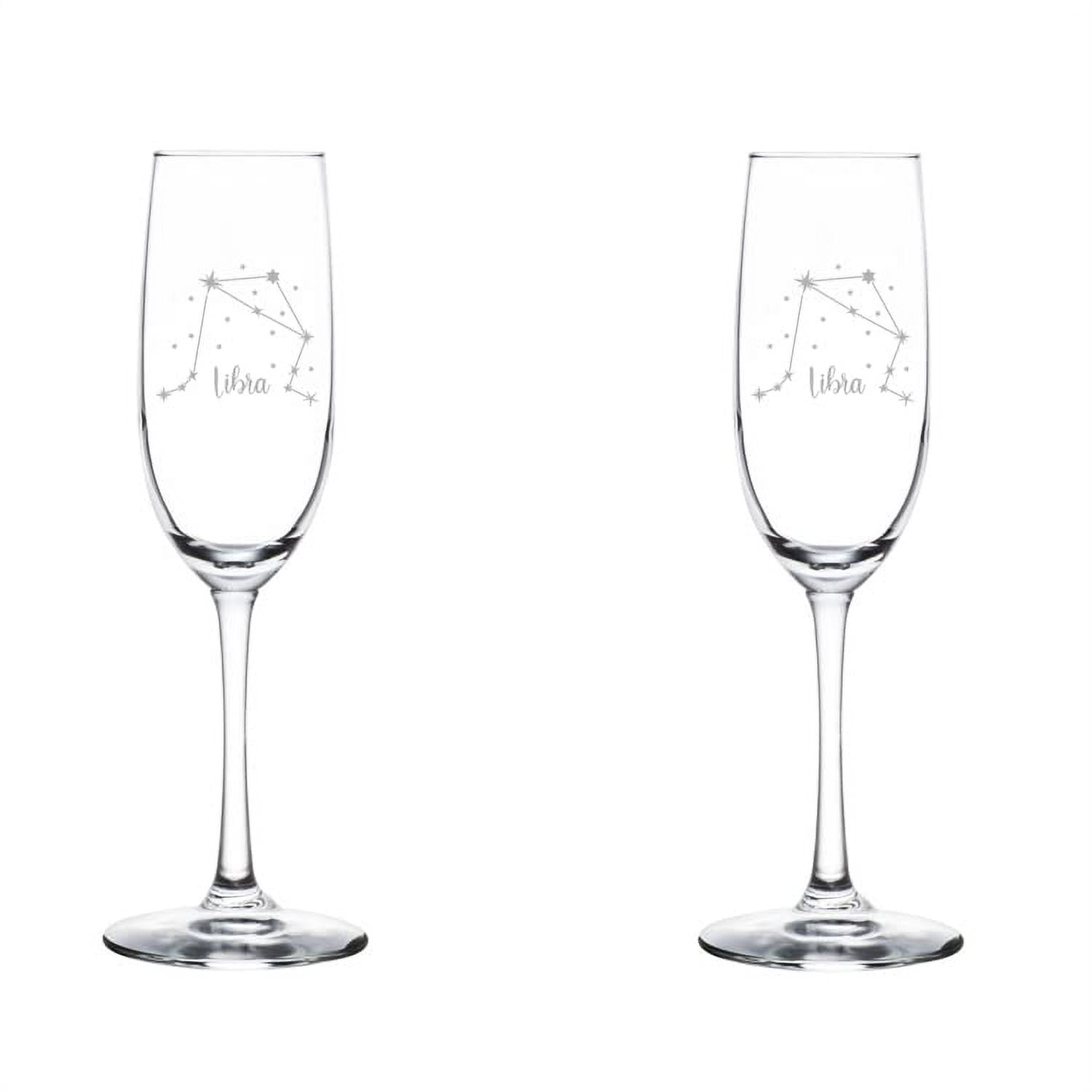 Set of 2 Glass Champagne Flutes Sparkling Wine Glasses Star Zodiac Horoscope Constellation 8 oz Stemmed (Libra)