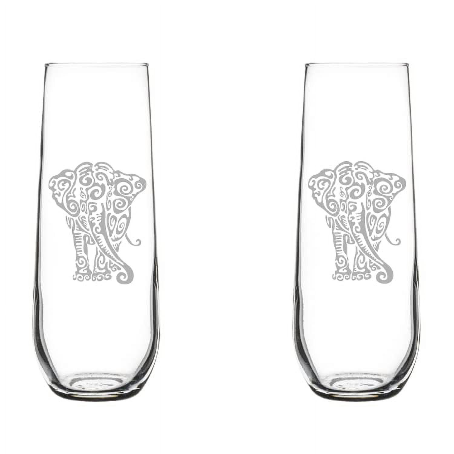 Set of 2 Glass Champagne Flutes Sparkling Wine Glasses Tribal Elephant (8.5 oz Stemless)