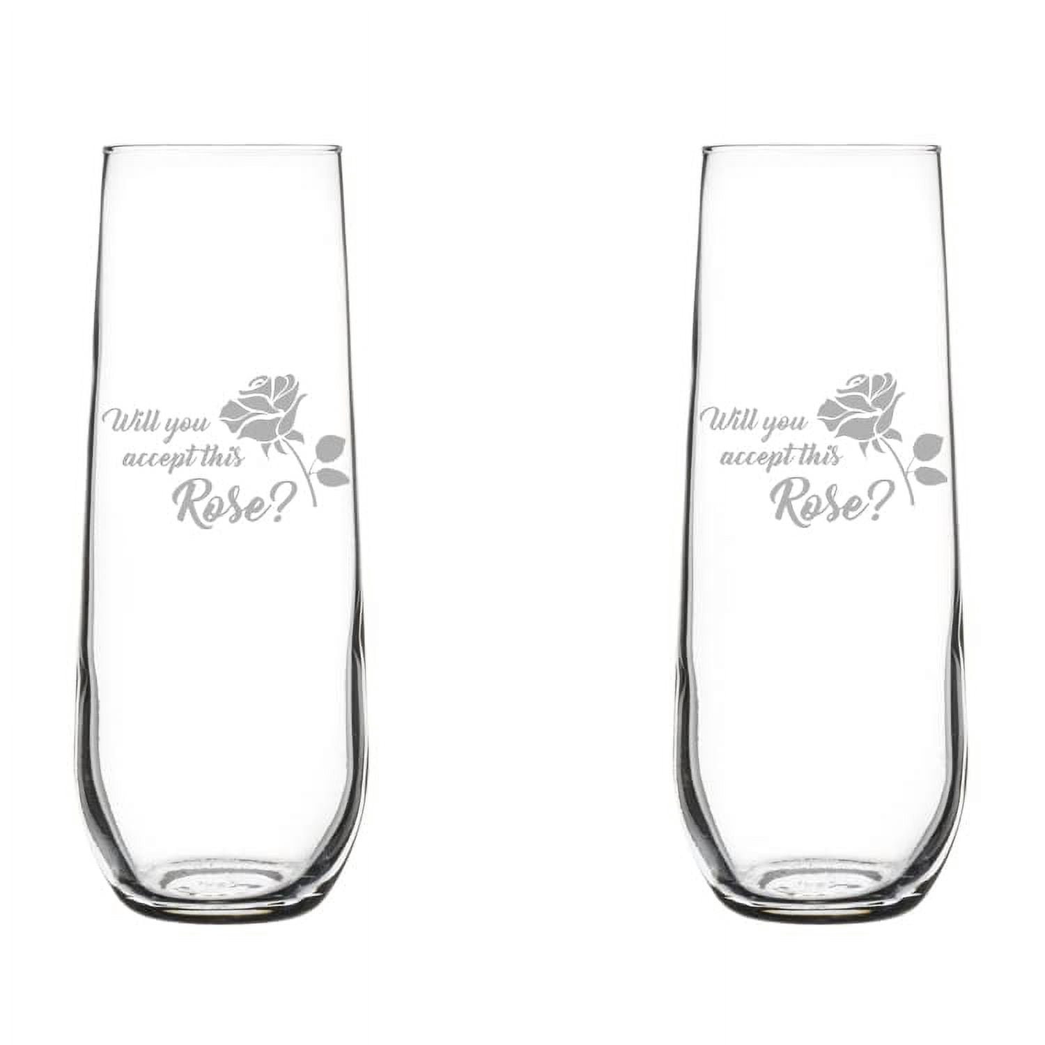 Set of 2 Glass Champagne Flutes Sparkling Wine Glasses Will You Accept This Rose (8.5 oz Stemless)