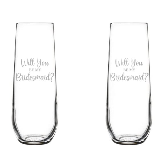 Set of 2 Glass Champagne Flutes Sparkling Wine Glasses Will You Be My Bridesmaid Proposal (8.5 oz Stemless)
