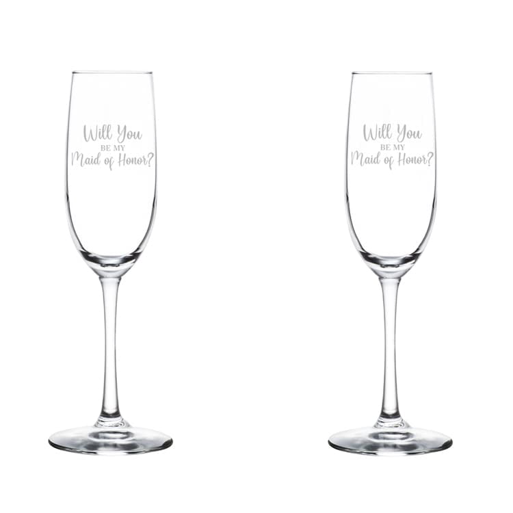 Set of 2 Glass Champagne Flutes Sparkling Wine Glasses Will You Be My Maid Of Honor Proposal (8 oz Stemmed)