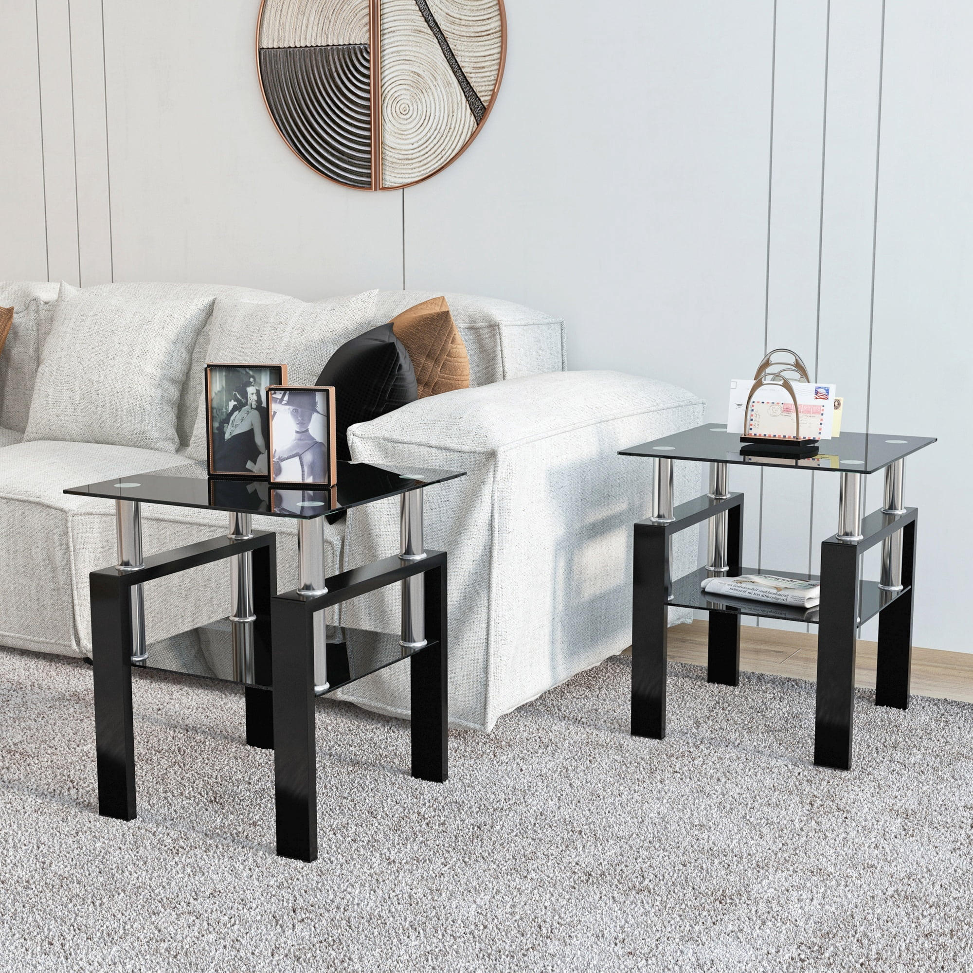 Set of 2 Glass End Tables 17.72 Inch, Modern Square Side Tables with Tempered Glass Top and Metal Legs for Living Room Bedroom, Black