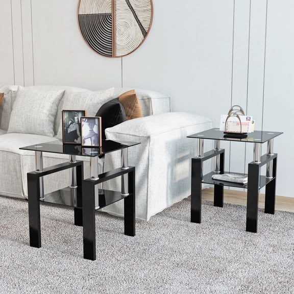 Set of 2 Glass End Tables 17.72 Inch, Modern Square Side Tables with Tempered Glass Top and Metal Legs for Living Room Bedroom, Black
