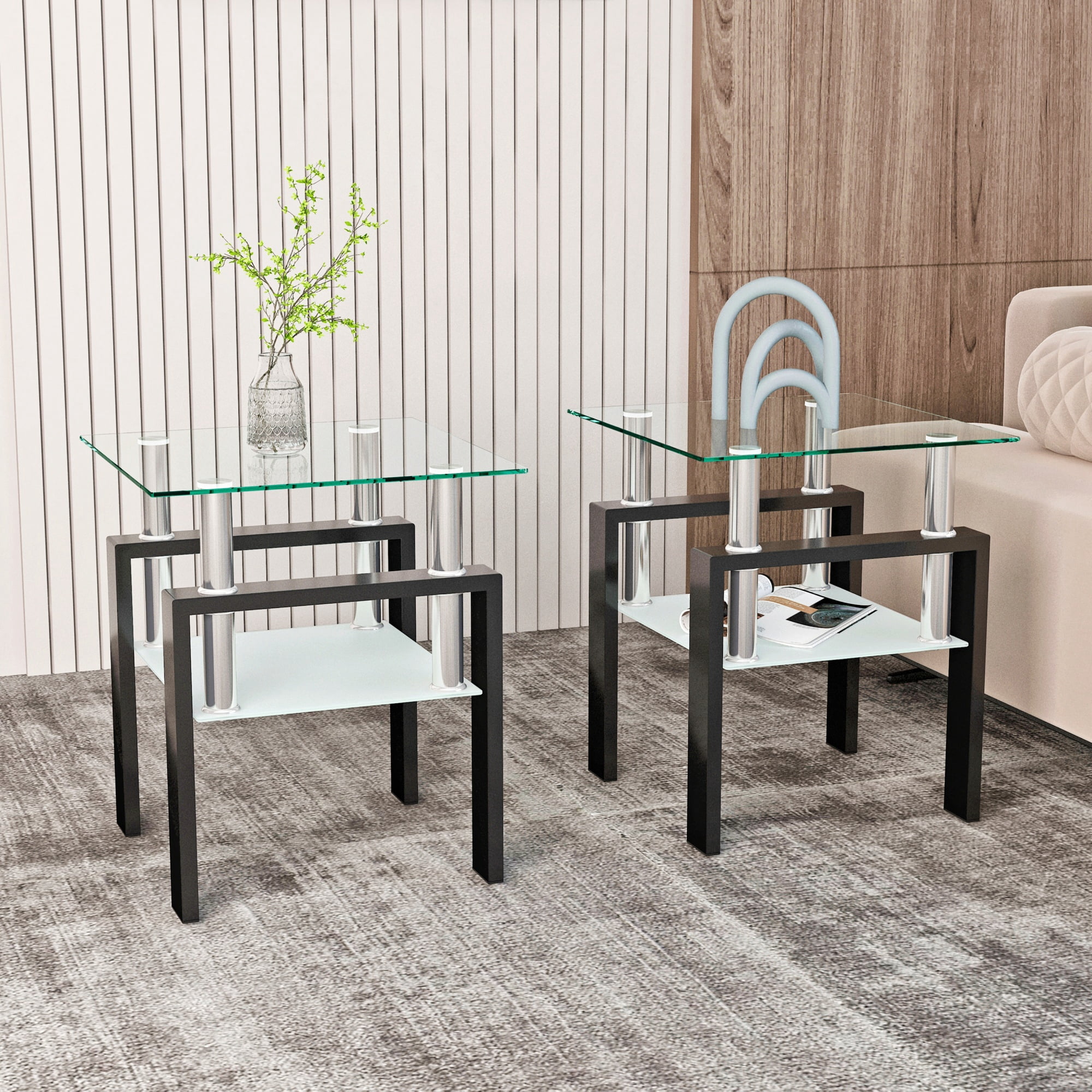 Set of 2 Glass End Tables 17.72 Inch, Modern Square Side Tables with Tempered Glass Top and Metal Legs for Living Room Bedroom, Transparent and Black