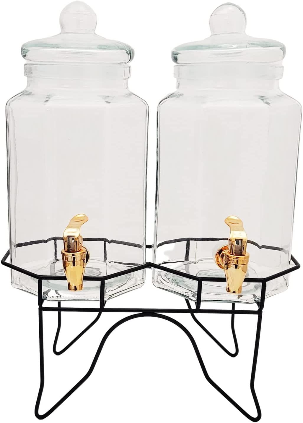 Set of 2 Glass Gravity Beverage Drink Dispensers with Stand & Copper Spigots