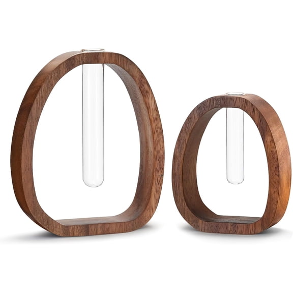 Set of 2 Glass Test Tube Vase Walnut Wood 7.5 & 5.8 Modern Farmhouse Propagation Stations for Home Decoration, Table Centerpieces