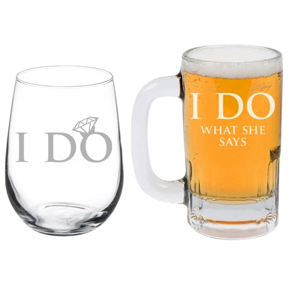 Set of 2 Glasses Anniversary Vow Renewal I Do What She Says Funny Bride And Groom Wedding Toasting Anniversary Engagement (Stemless WINE & Beer MUG)
