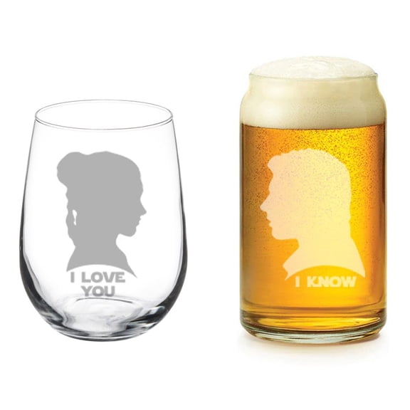 Set of 2 Glasses I Love You I Know For Couple Anniversary Engagement Wedding (Stemless WINE & Beer CAN)