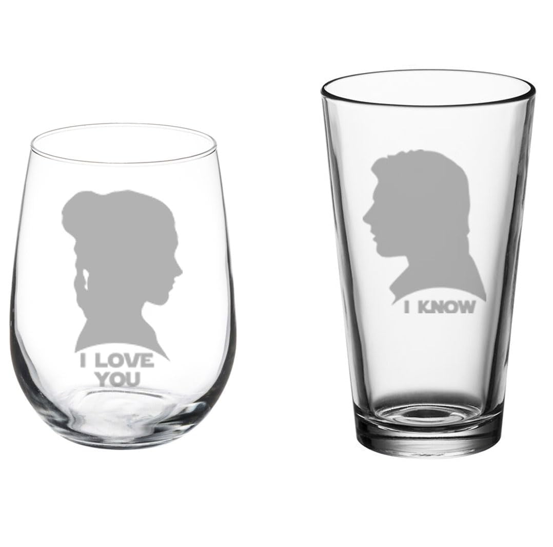 Set of 2 Glasses Stemless WINE & Beer PINT Glass Gift I Love You I Know For Couple Anniversary Engagement Wedding