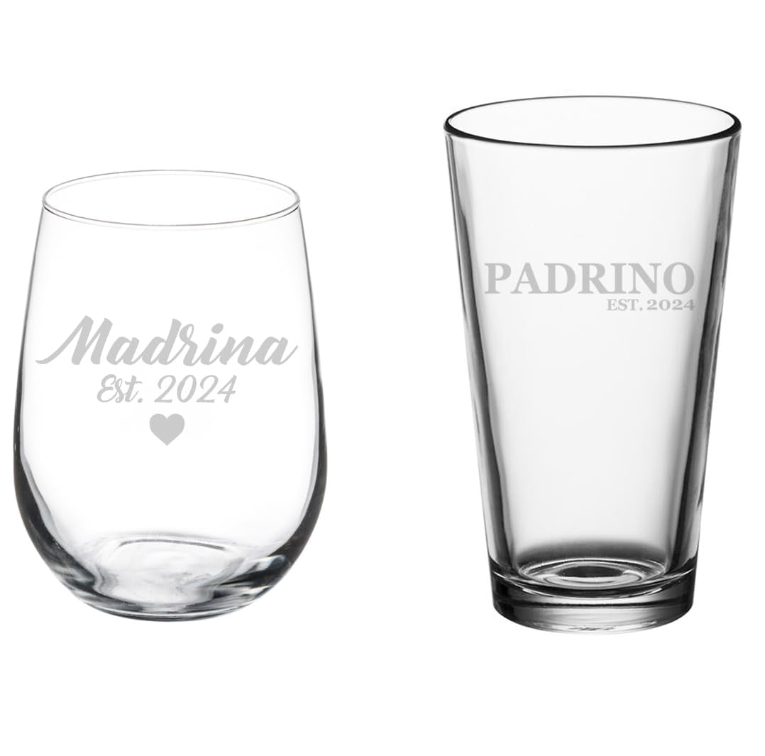 Set of 2 Glasses Stemless WINE & Beer PINT Glass Gift Madrina Est 2024 and Padrino Est 2024