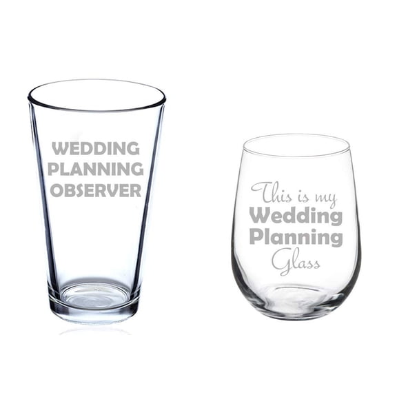 Set of 2 Glasses Stemless WINE & Beer PINT Glass Wedding Planning Funny Engaged Couple