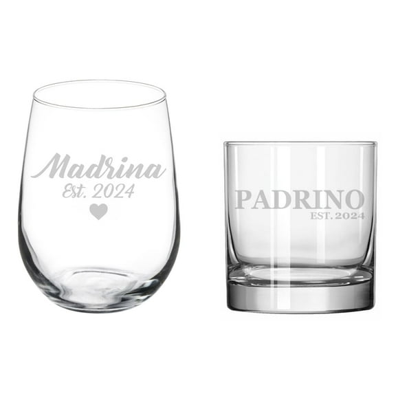 Set of 2 Glasses Stemless WINE & ROCKS Whiskey Gift Madrina Est 2024 And Padrino Est 2024