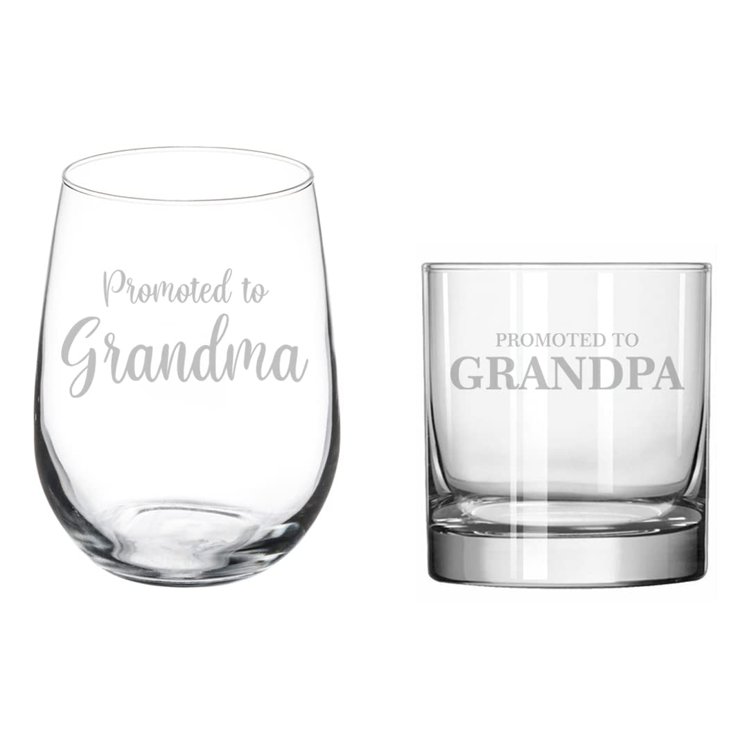 Set of 2 Glasses Stemless WINE & ROCKS Whiskey Gift Promoted To Grandma Promoted to Grandpa Grandparents Baby Announcement Pregnancy Reveal