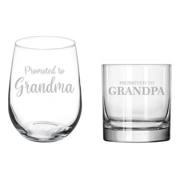Set of 2 Glasses Stemless WINE & ROCKS Whiskey Gift Promoted To Grandma Promoted to Grandpa Grandparents Baby Announcement Pregnancy Reveal