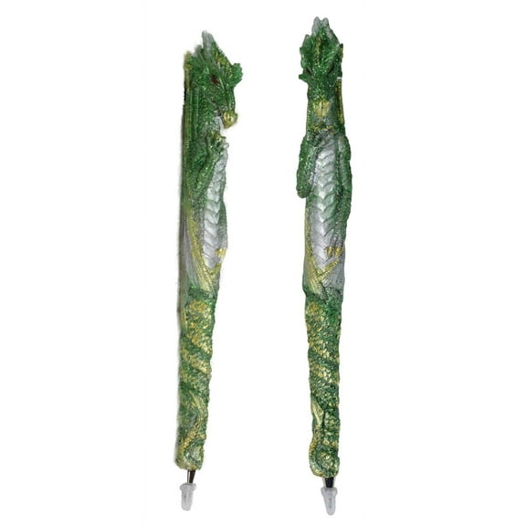 Set of 2 Glitter Metallic Green Medieval Fantasy Dragon Figural Ball Point Pens
