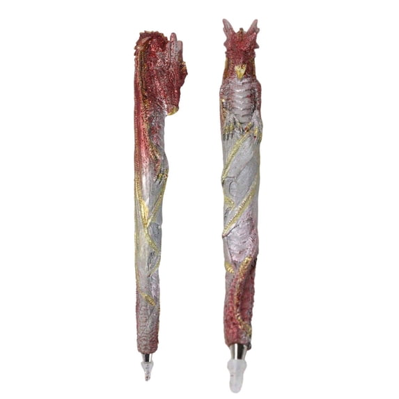 Set of 2 Glitter Metallic Red Medieval Fantasy Dragon Figural Ball Point Pens