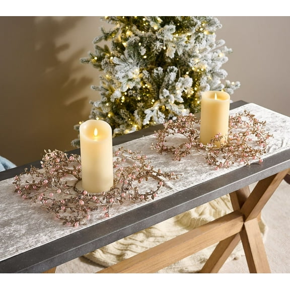 Set of 2 Glittered Cascading Pearl Candle Rings by Valerie in Pink/Champagne