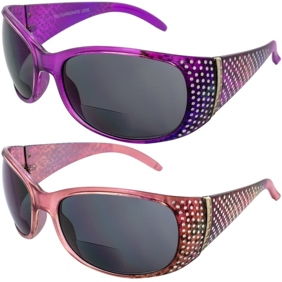 Set of 2 Global Vision Galaxy Womens Bifocal Fashion Motorcycle Sunglasses Chrome Rhinestones Lavender & Pink Frames 2.0 Mag Smoke Lenses