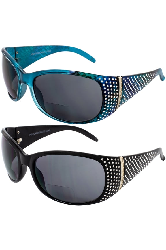 Set of 2 Global Vision Galaxy Womens Bifocal Fashion Motorcycle Sunglasses Readers Chrome Rhinestones Black & Blue Frames 2.5 Magnification